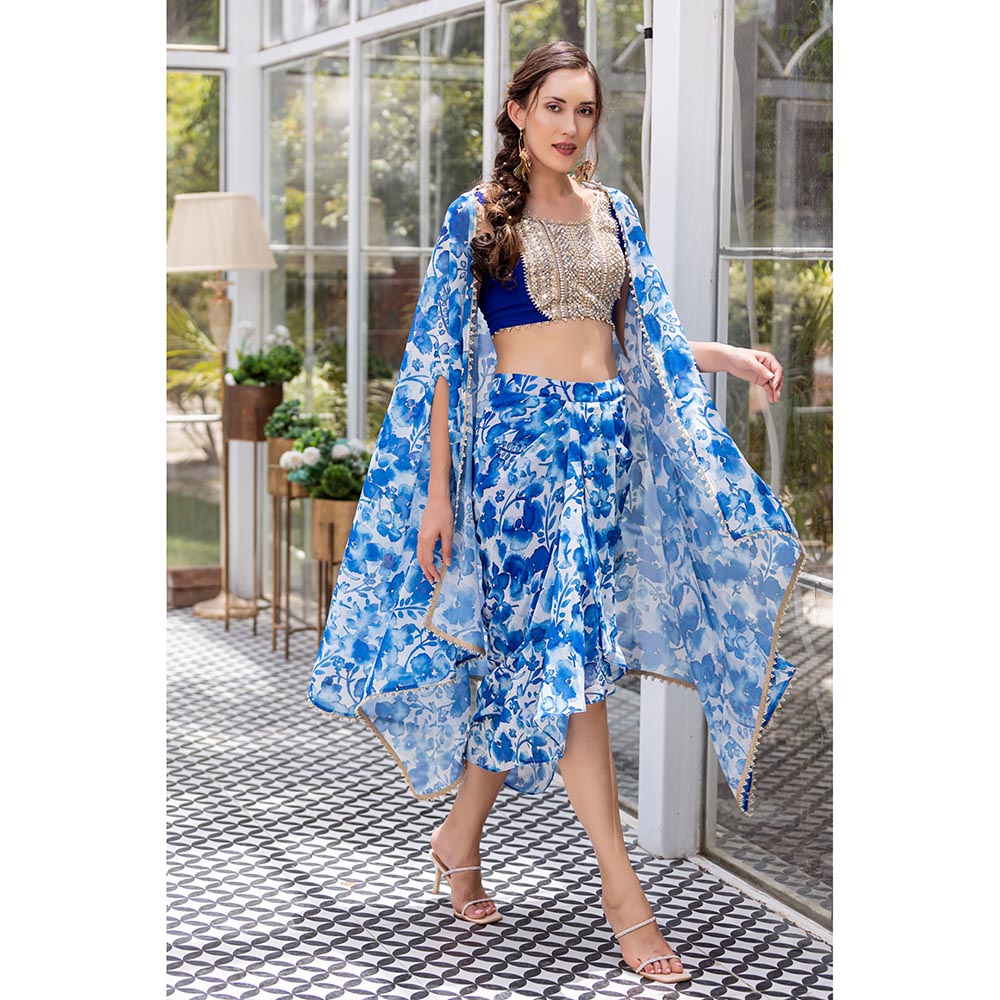 MABISH LUXE Blue Poppy Blouse with Skirt and Cape (Set of 3)