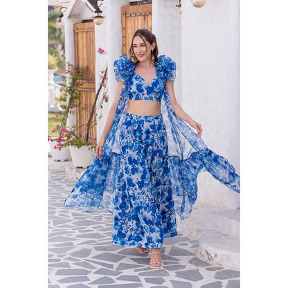 MABISH LUXE Blue Hibiscus Blouse with Palazzo and Cape (Set of 3)