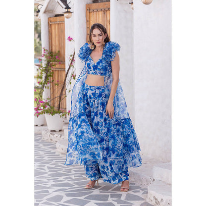 MABISH LUXE Blue Hibiscus Blouse with Palazzo and Cape (Set of 3)