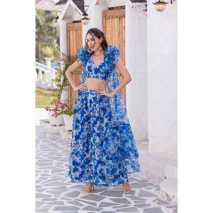 MABISH LUXE Blue Hibiscus Blouse with Palazzo and Cape (Set of 3)