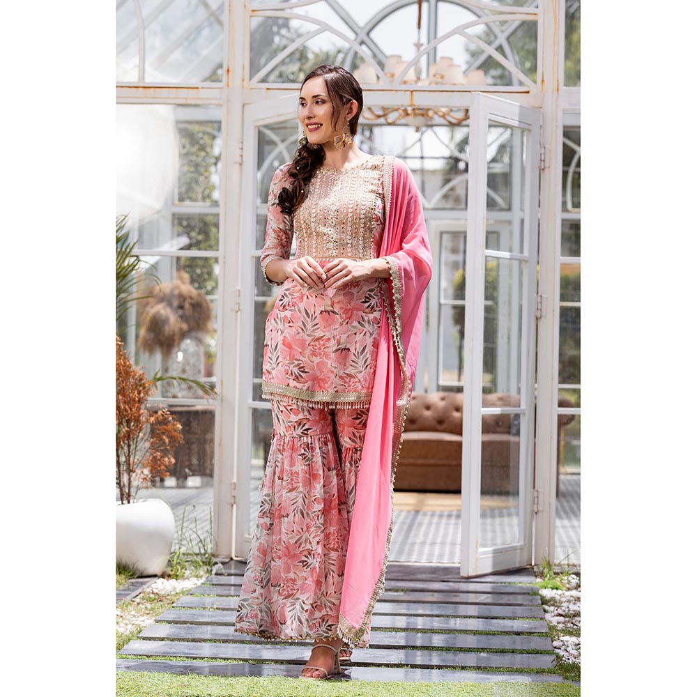 MABISH LUXE Pink Sweet Pea Kurti with Sharara and Dupatta (Set of 3)