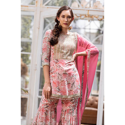MABISH LUXE Pink Sweet Pea Kurti with Sharara and Dupatta (Set of 3)