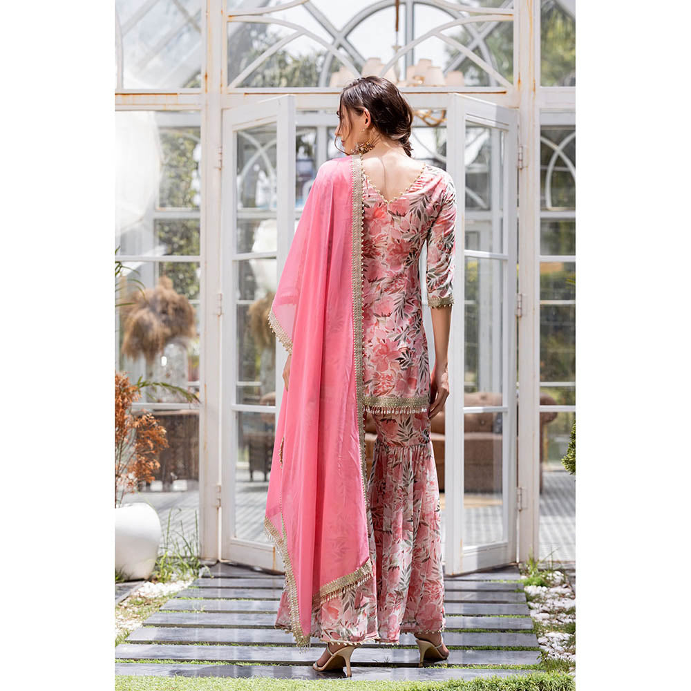 MABISH LUXE Pink Sweet Pea Kurti with Sharara and Dupatta (Set of 3)