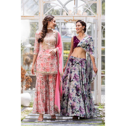 MABISH LUXE Pink Sweet Pea Kurti with Sharara and Dupatta (Set of 3)