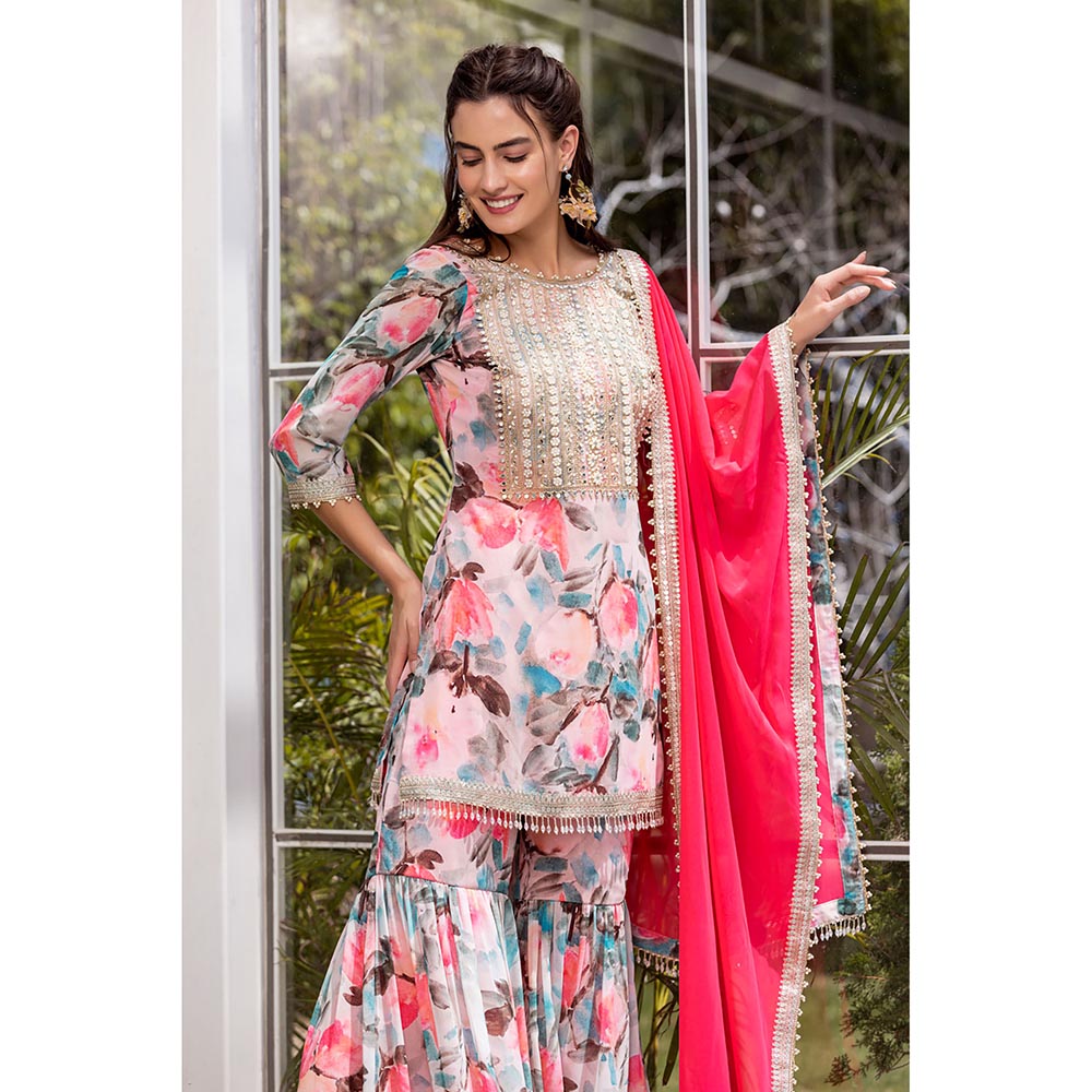 MABISH LUXE Pink Exotic Begonia Kurti with Sharara and Dupatta (Set of 3)