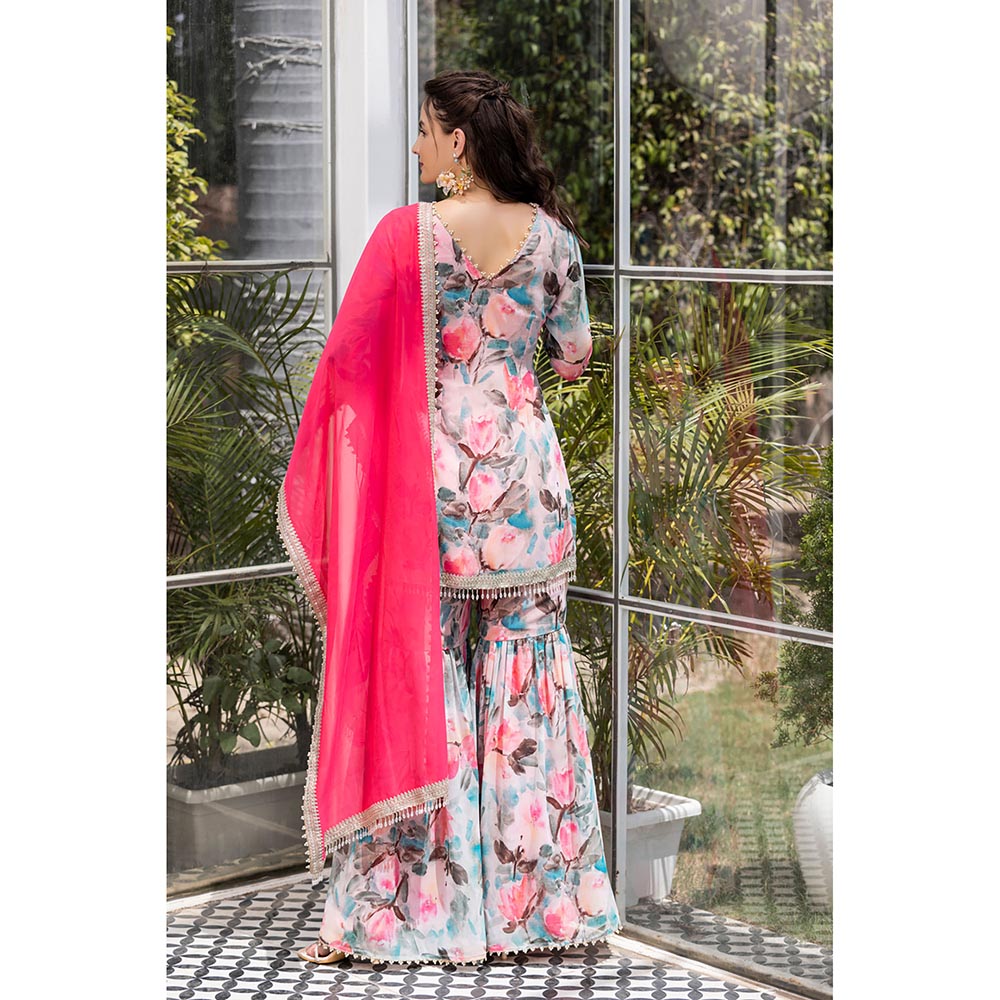 MABISH LUXE Pink Exotic Begonia Kurti with Sharara and Dupatta (Set of 3)