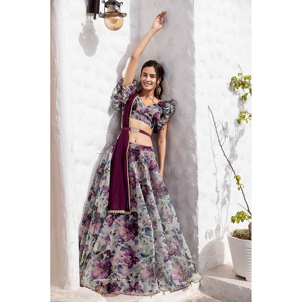 MABISH LUXE Burgundy Morning Glory Blouse with Lehenga, Dupatta and Belt (Set of 4)