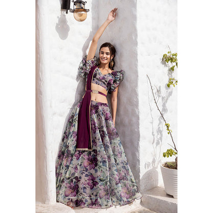MABISH LUXE Burgundy Morning Glory Blouse with Lehenga, Dupatta and Belt (Set of 4)