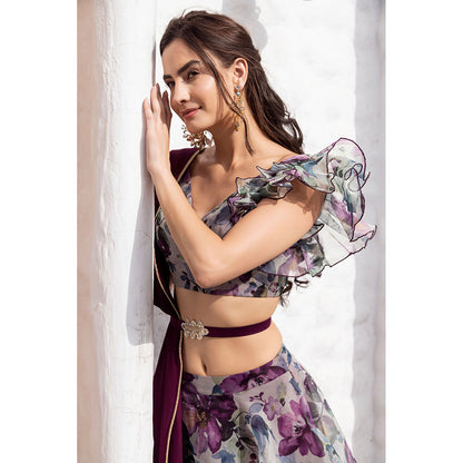 MABISH LUXE Burgundy Morning Glory Blouse with Lehenga, Dupatta and Belt (Set of 4)