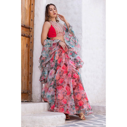 MABISH LUXE Peach Wild Tulip Blouse with Lehenga and Dupatta (Set of 3)