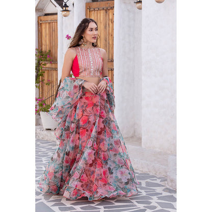 MABISH LUXE Peach Wild Tulip Blouse with Lehenga and Dupatta (Set of 3)