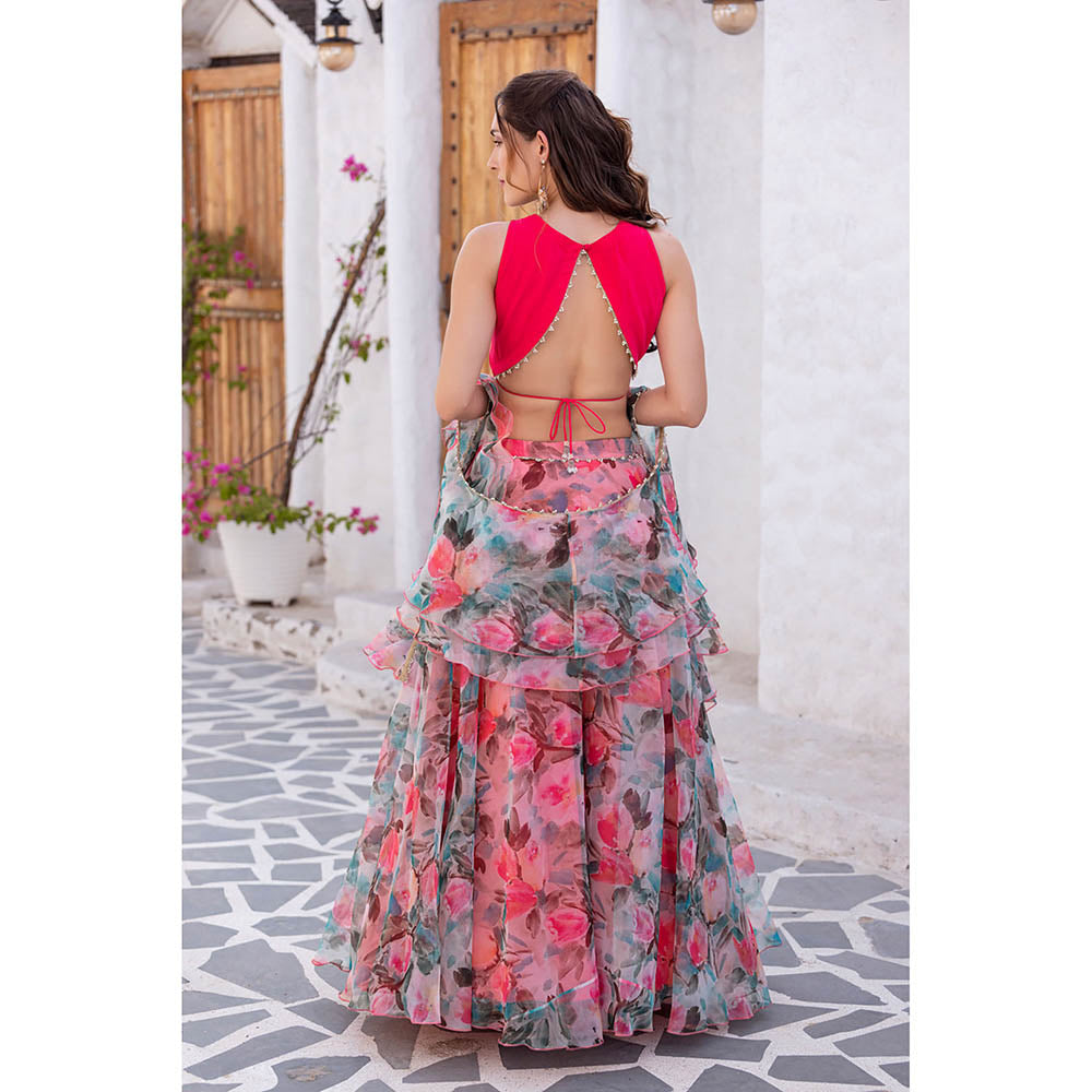 MABISH LUXE Peach Wild Tulip Blouse with Lehenga and Dupatta (Set of 3)