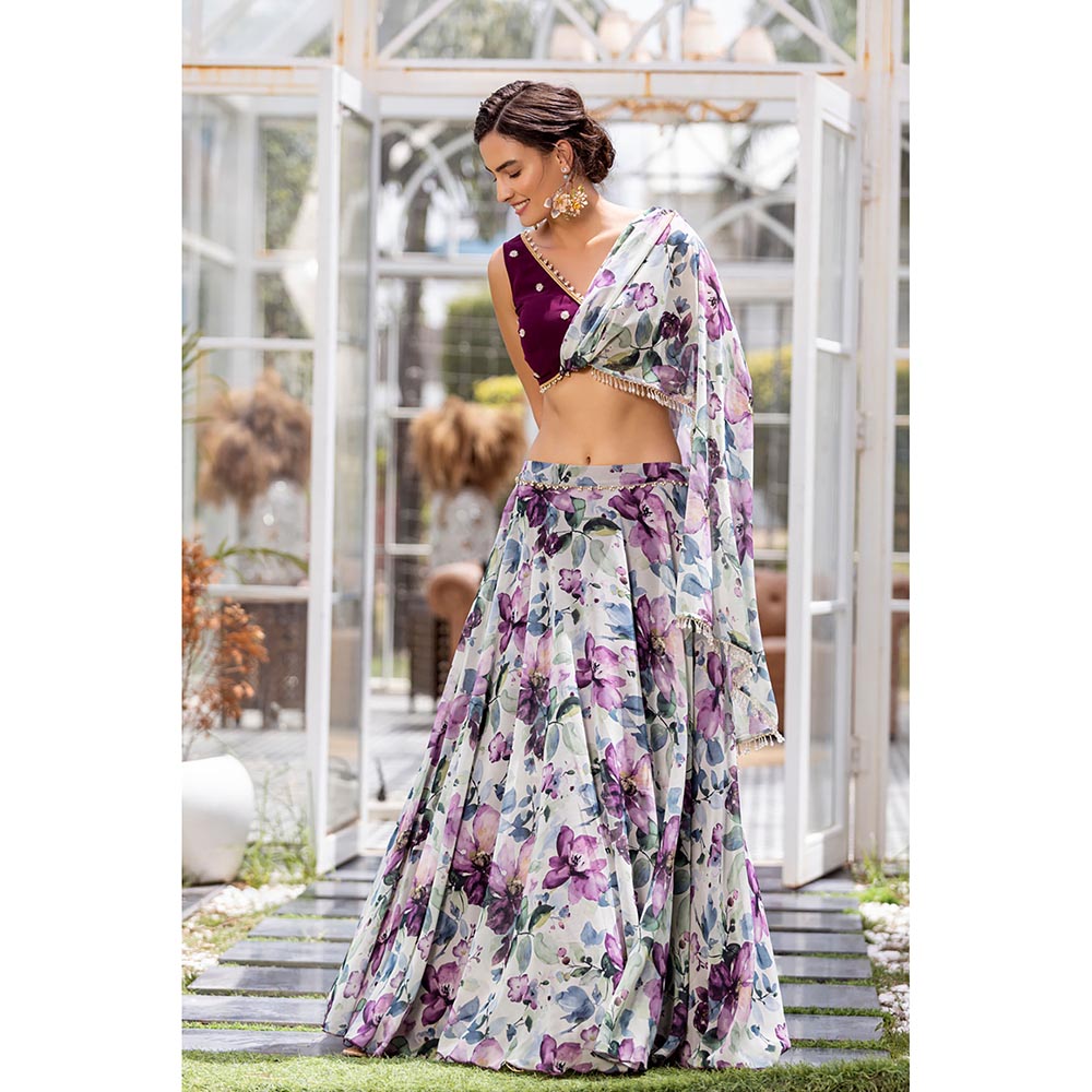 MABISH LUXE Burgundy Fresh Petunia Drape Dupatta Attached with Blouse and Lehenga (Set of 2)