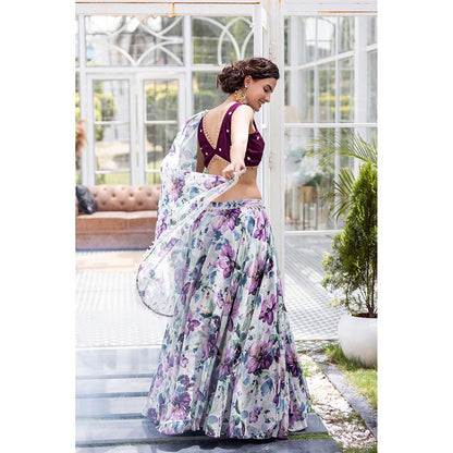 MABISH LUXE Burgundy Fresh Petunia Drape Dupatta Attached with Blouse and Lehenga (Set of 2)