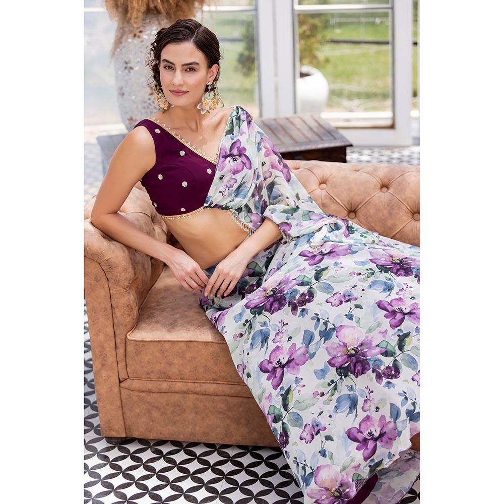 MABISH LUXE Burgundy Fresh Petunia Drape Dupatta Attached with Blouse and Lehenga (Set of 2)