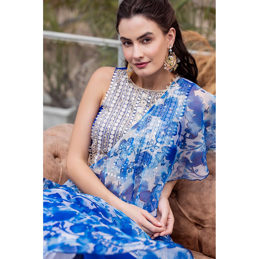 MABISH LUXE Blue Exotic Hydrangea Drape Saree with Stitched Blouse