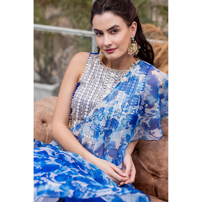 MABISH LUXE Blue Exotic Hydrangea Drape Saree with Stitched Blouse