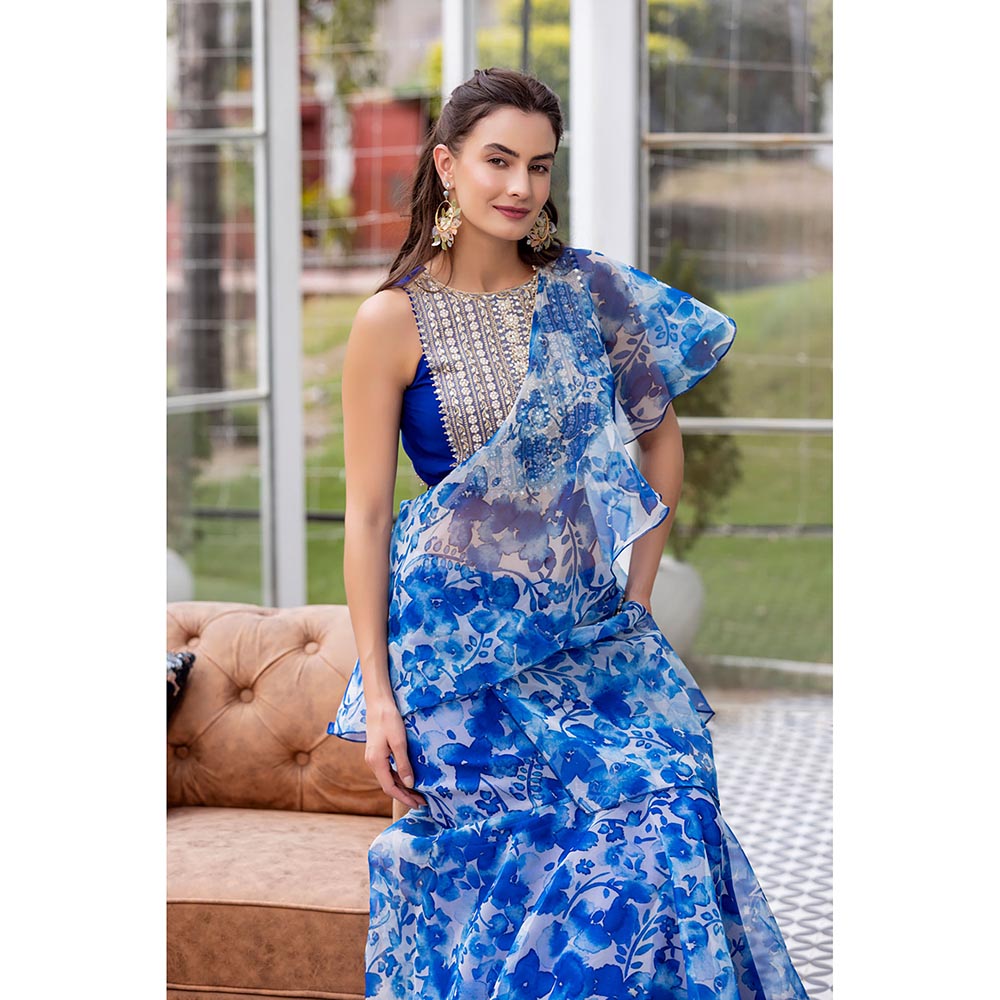 MABISH LUXE Blue Exotic Hydrangea Drape Saree with Stitched Blouse