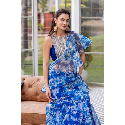 MABISH LUXE Blue Exotic Hydrangea Drape Saree with Stitched Blouse