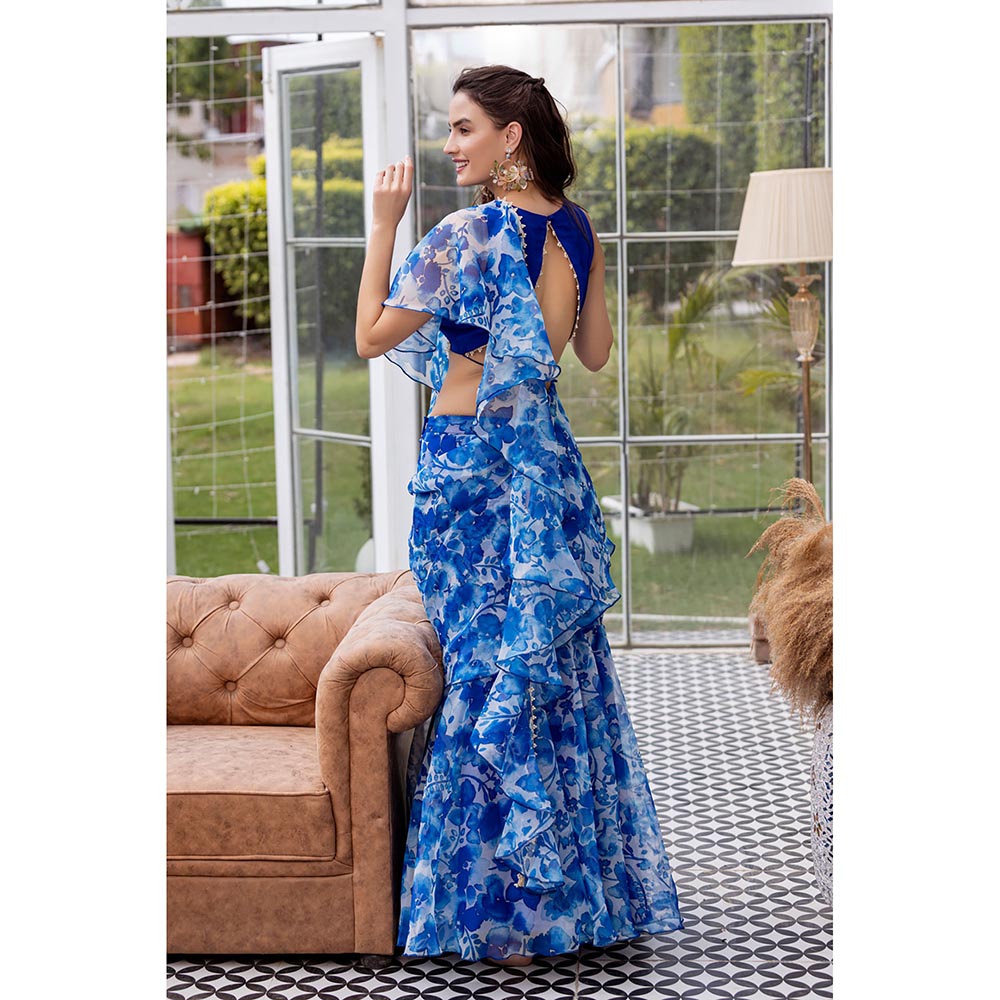 MABISH LUXE Blue Exotic Hydrangea Drape Saree with Stitched Blouse