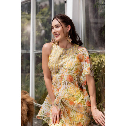 MABISH LUXE Yellow Dreamy Daffodil Drape Saree with Stitched Blouse