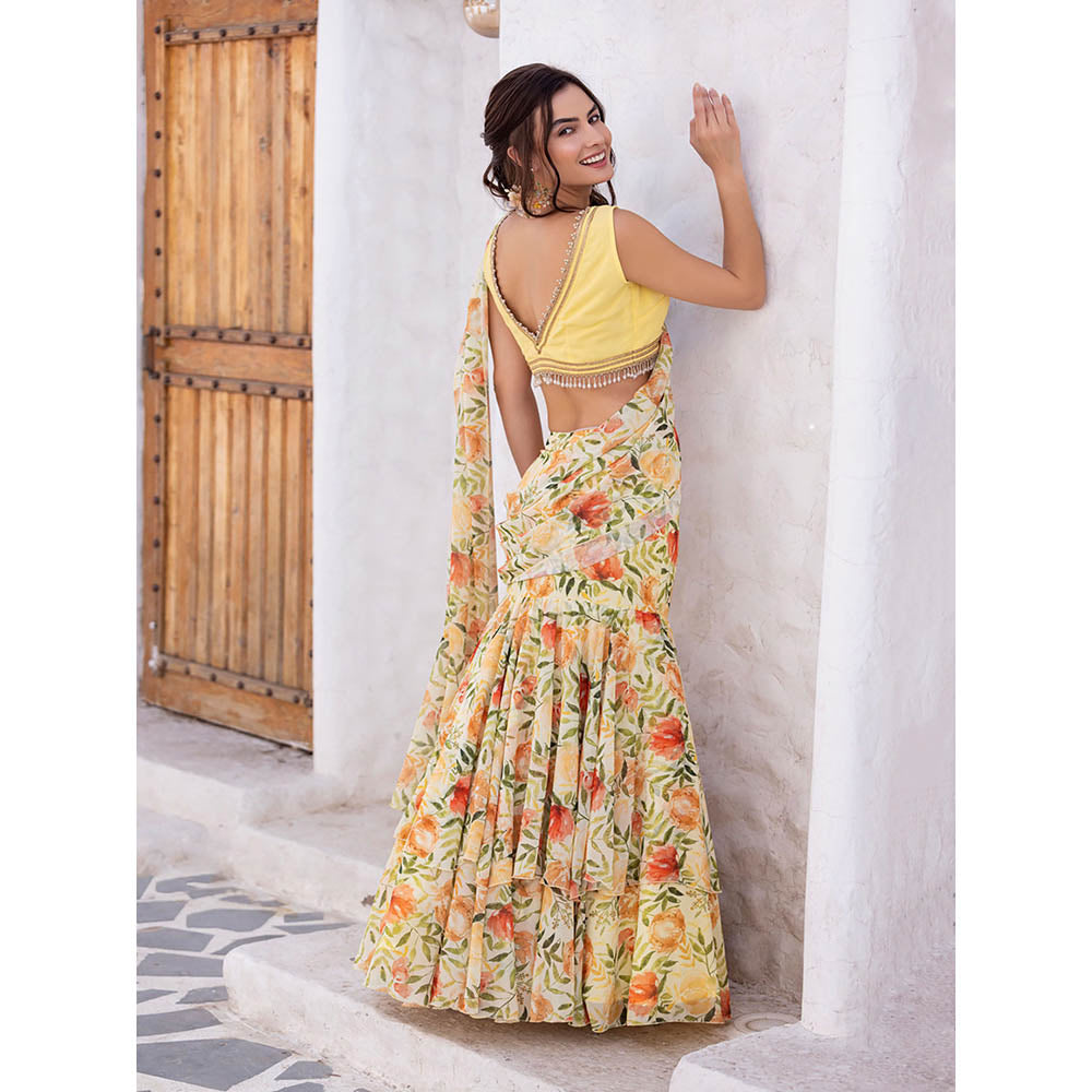 MABISH LUXE Yellow Joyful Marigold Drape Saree with Stitched Blouse