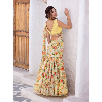 MABISH LUXE Yellow Joyful Marigold Drape Saree with Stitched Blouse