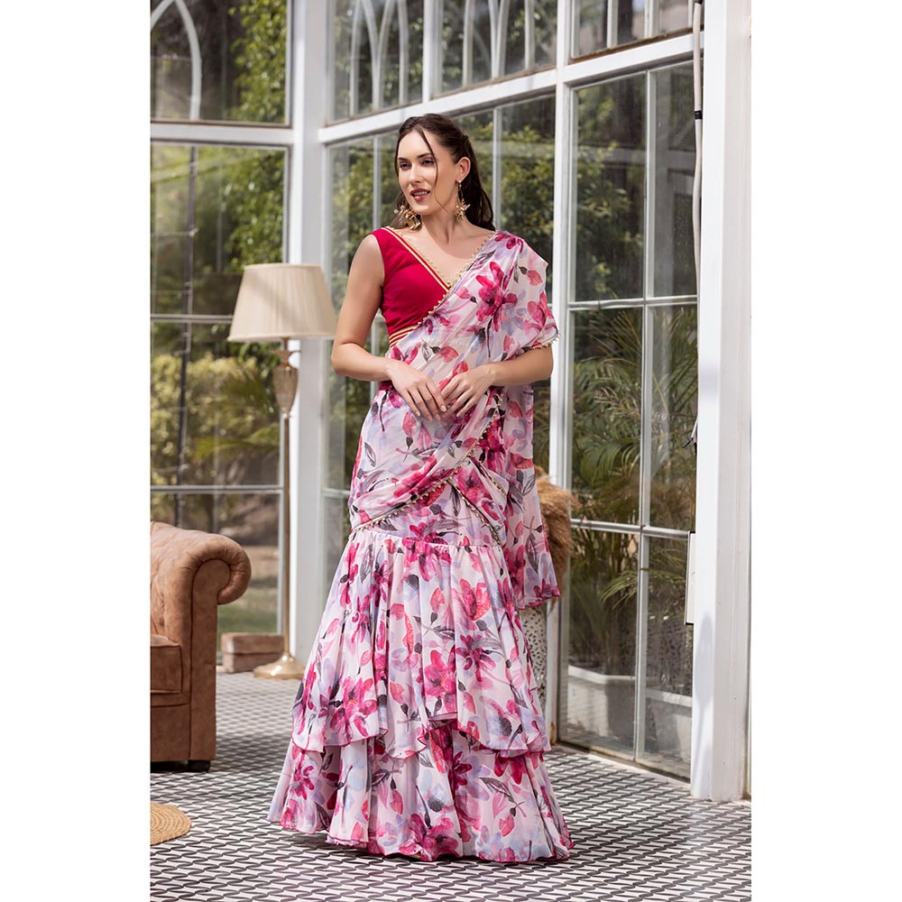 MABISH LUXE Red Cheery Poinsettia Drape Saree with Stitched Blouse