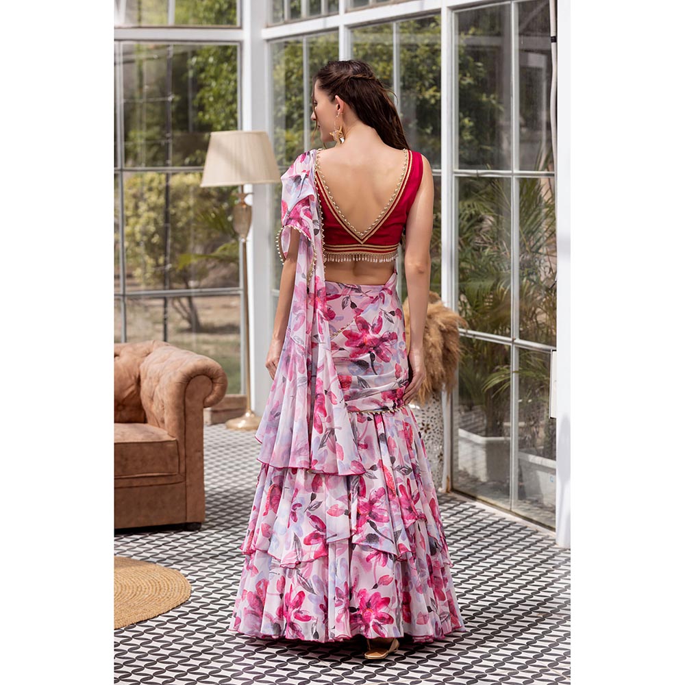 MABISH LUXE Red Cheery Poinsettia Drape Saree with Stitched Blouse