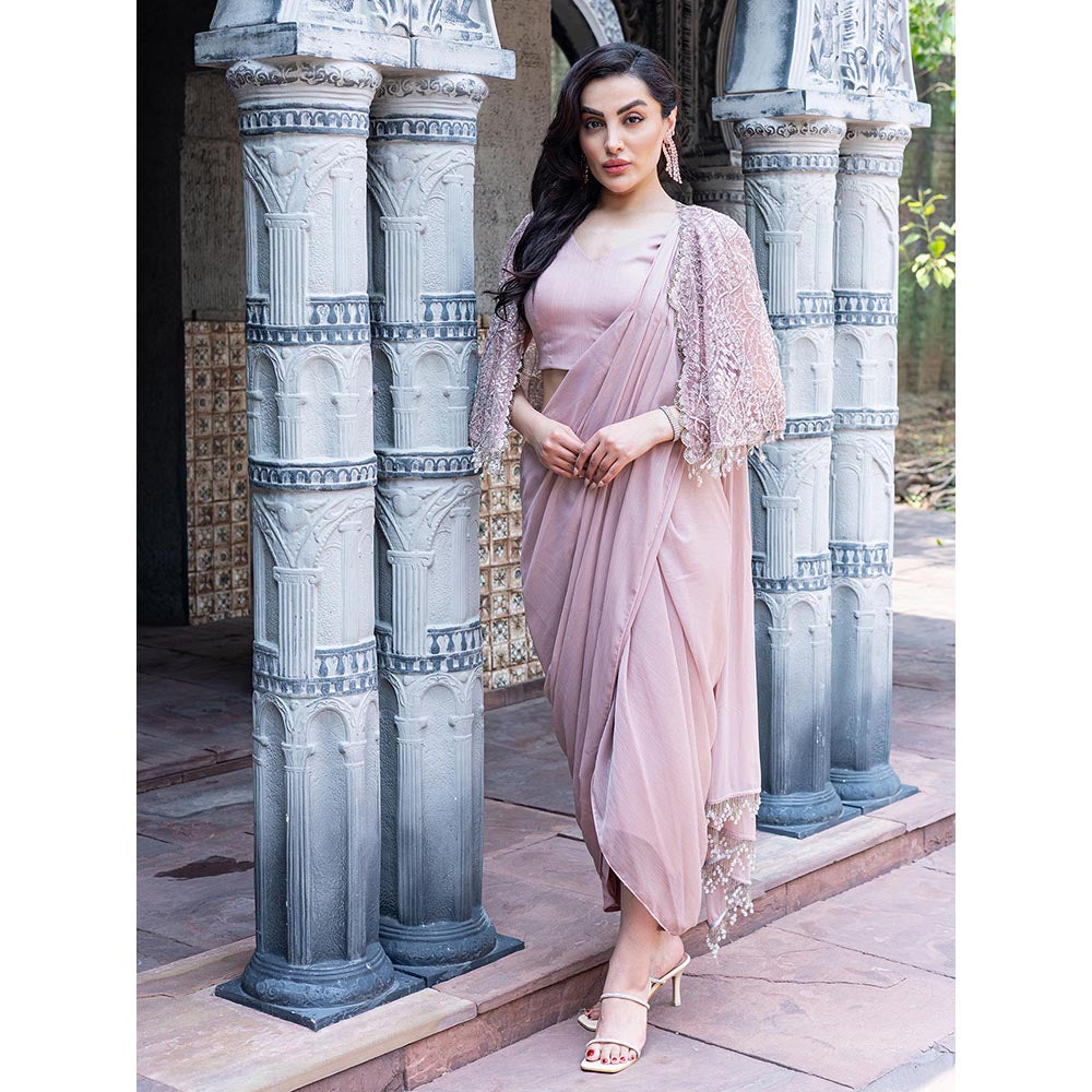 MABISH LUXE Womens Pre-Draped Saree with Stitched Blouse and Cape- Pink