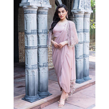 MABISH LUXE Womens Pre-Draped Saree with Stitched Blouse and Cape- Pink