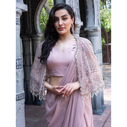 MABISH LUXE Womens Pre-Draped Saree with Stitched Blouse and Cape- Pink