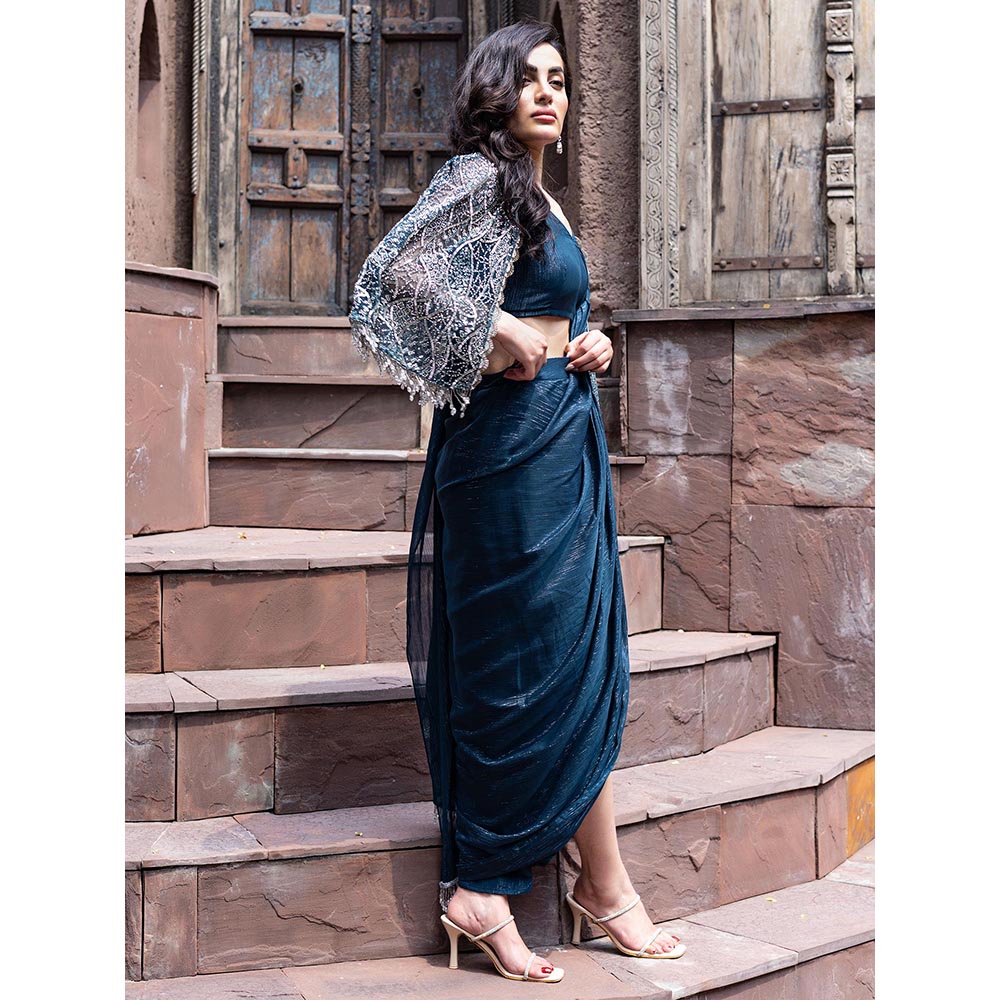 MABISH LUXE Womens Pre-Draped Saree with Stitched BLouse and Cape- Teal