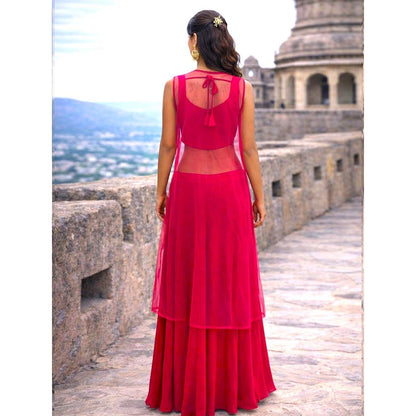 MABISH LUXE Embroidered Blouse with Palazzo and Cape In Red