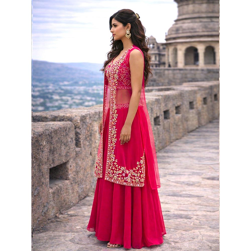 MABISH LUXE Embroidered Blouse with Palazzo and Cape In Red