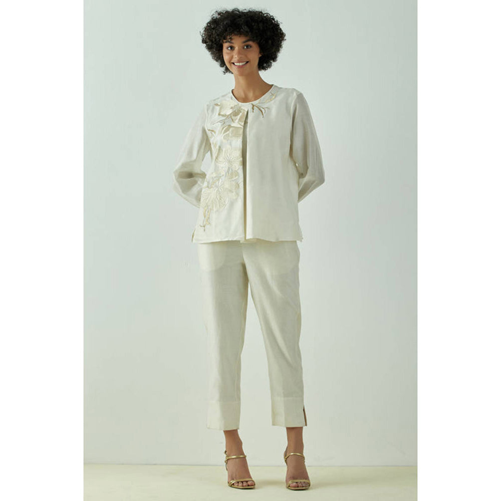 MADDER MUCH Off White Chanderi Floral Embroidered Top With Pant Co-ords