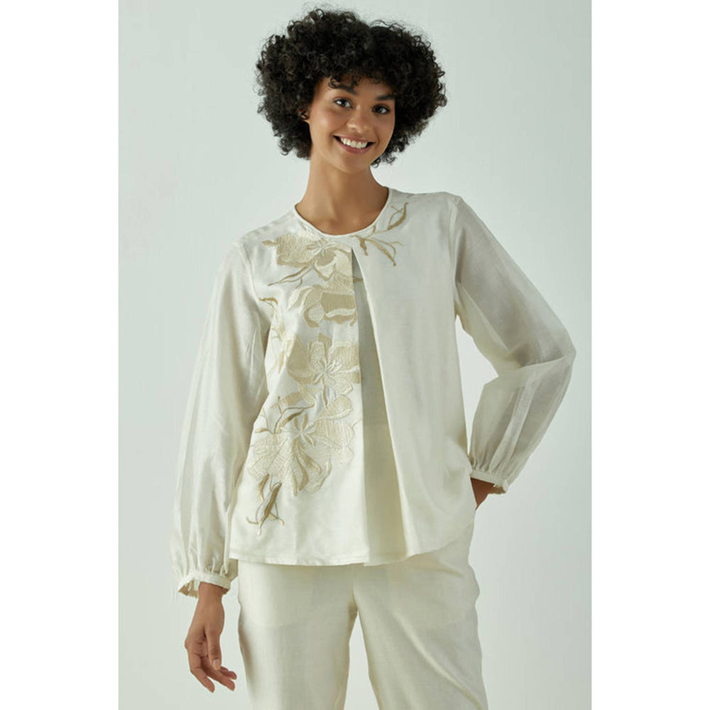 MADDER MUCH Off White Chanderi Floral Embroidered Top With Pant Co-ords