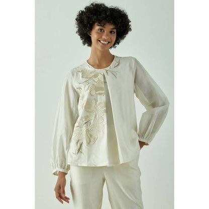 MADDER MUCH Off White Chanderi Floral Embroidered Top With Pant Co-ords