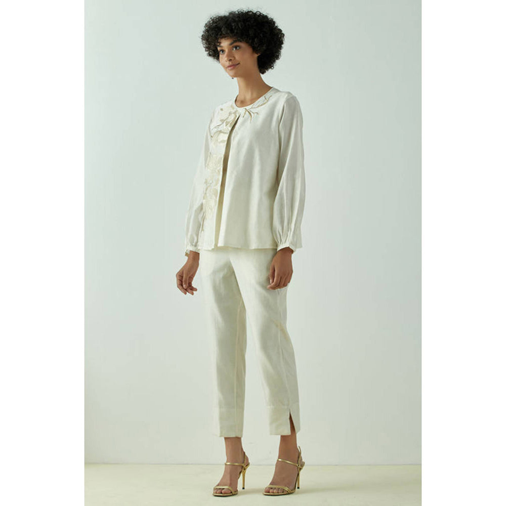 MADDER MUCH Off White Chanderi Floral Embroidered Top With Pant Co-ords