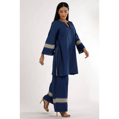 MADDER MUCH Indigo Chanderi V-Neck Solid Kurta With Palazzo