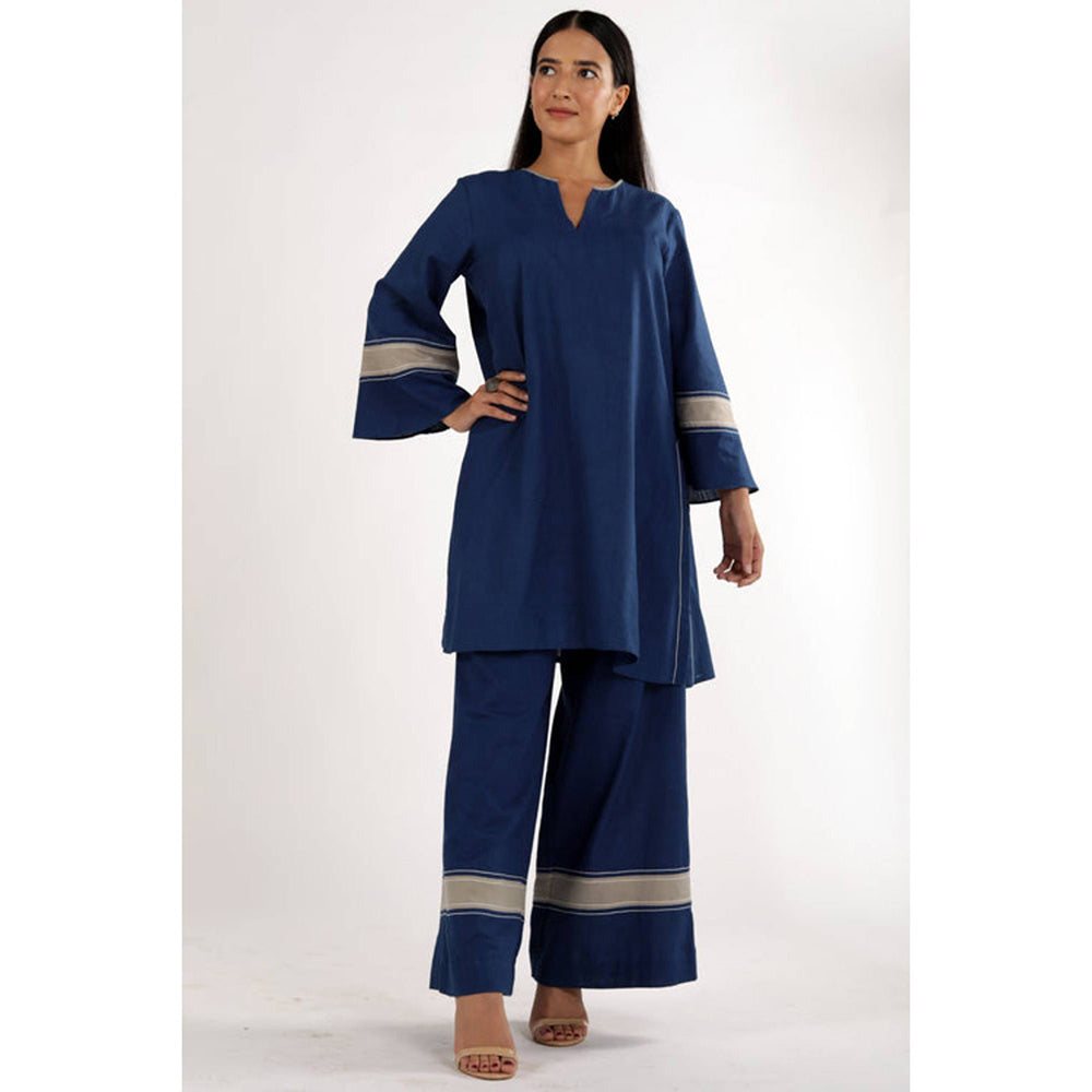 MADDER MUCH Indigo Chanderi V-Neck Solid Kurta With Palazzo
