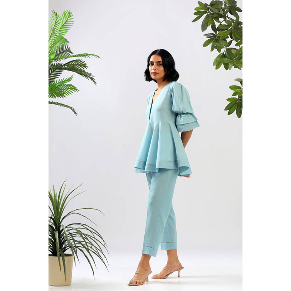 MADDER MUCH Blue Solid/Plain V-Neck Tunic Kurta With Pant Co-ords