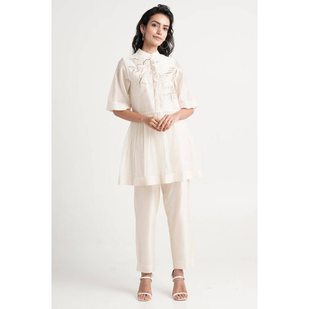 MADDER MUCH Ivory Chanderi Mandarin Neck Solid Peplum Top With Pant Co-Ord Set