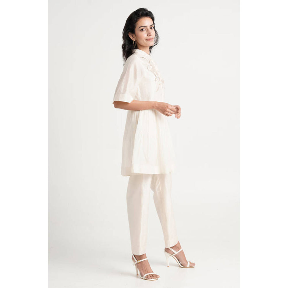 MADDER MUCH Ivory Chanderi Mandarin Neck Solid Peplum Top With Pant Co-Ord Set