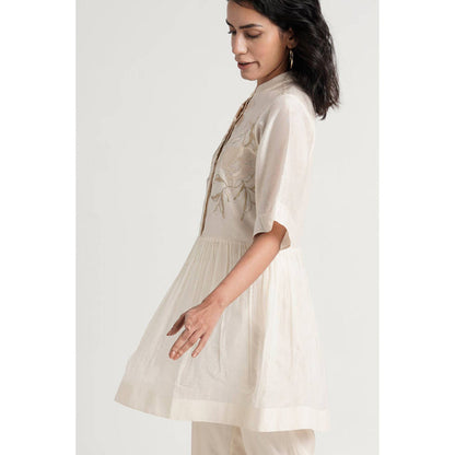 MADDER MUCH Ivory Chanderi Mandarin Neck Solid Peplum Top With Pant Co-Ord Set