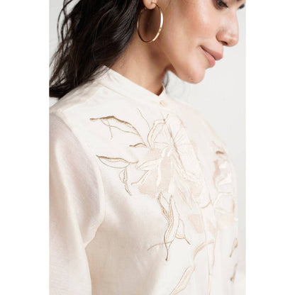MADDER MUCH Ivory Chanderi Mandarin Neck Solid Peplum Top With Pant Co-Ord Set