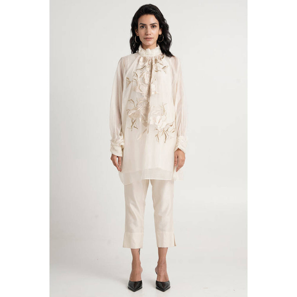 MADDER MUCH Women Ivory Chanderi Silk Floral Tunic with Pant