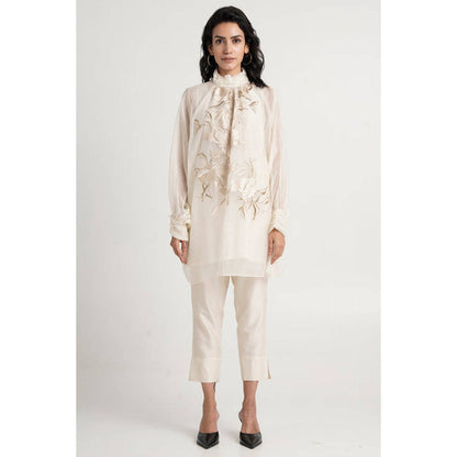 MADDER MUCH Women Ivory Chanderi Silk Floral Tunic with Pant