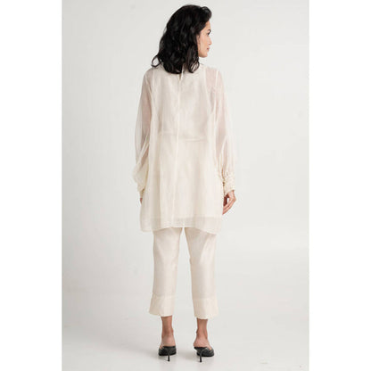 MADDER MUCH Women Ivory Chanderi Silk Floral Tunic with Pant
