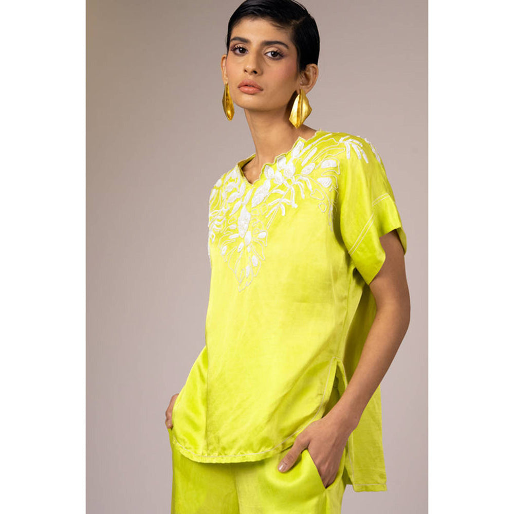 MADDER MUCH Green Embroidered Asymmetrical Top With Pant